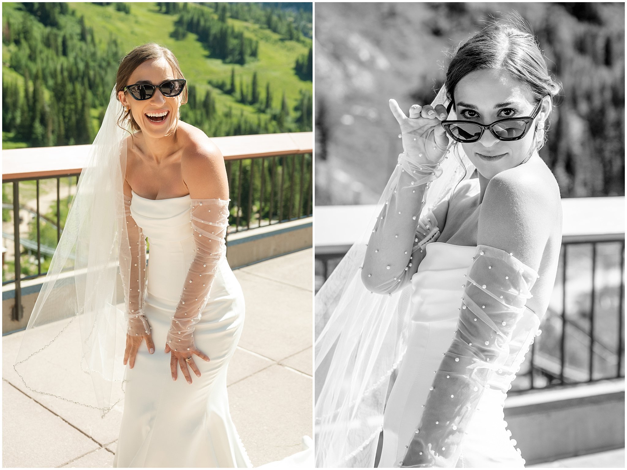 Bride wearing sunglasses on the roof of The Cliff Lodge. Bride in a strapless dress with gloves and veil | Snowbird Summit Summer Wedding | Jessie and Dallin Photography