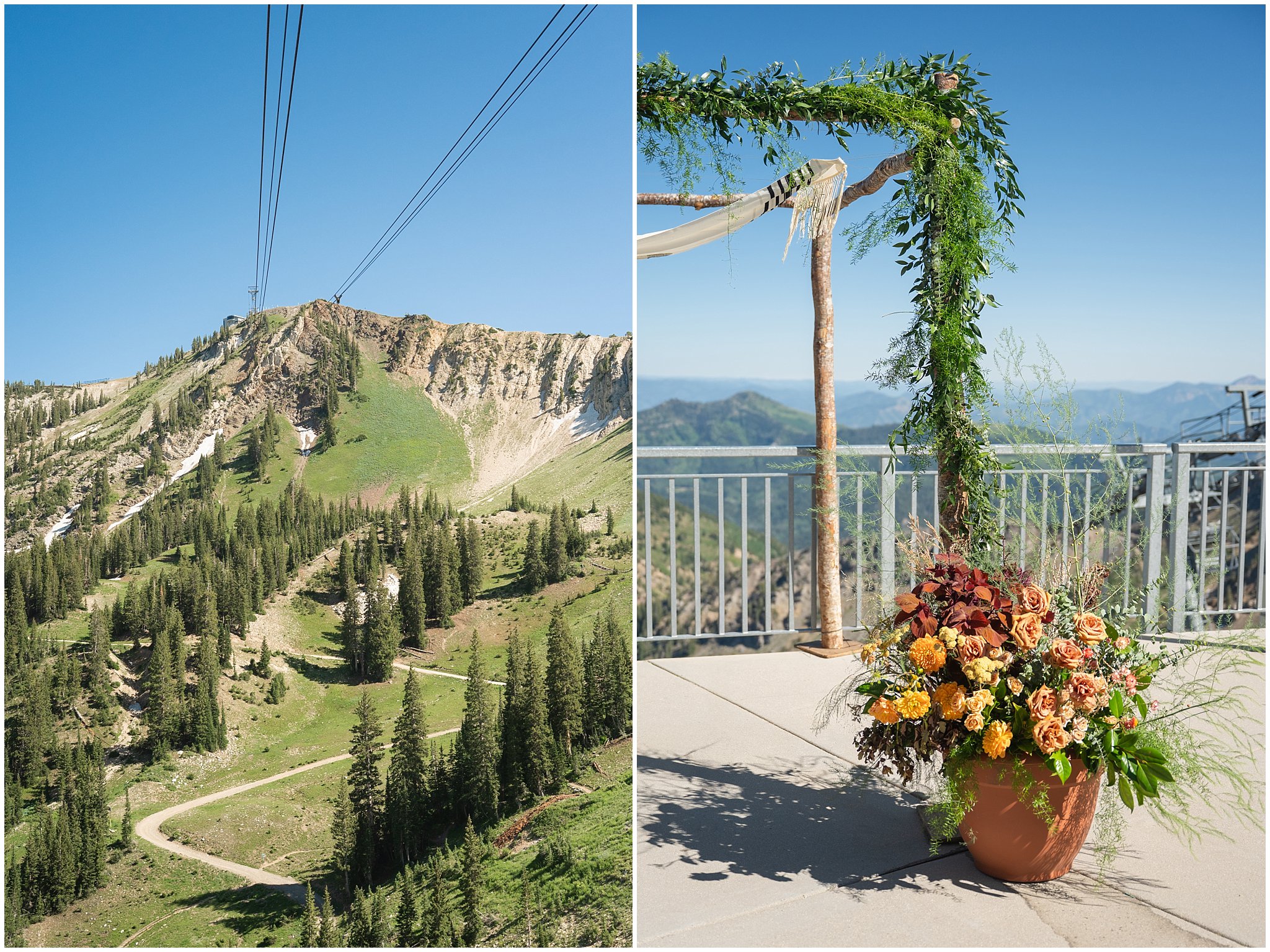 Snowbird mountains and tram and floral pieces and arch at the summit | Snowbird Summit Summer Wedding | Jessie and Dallin Photography