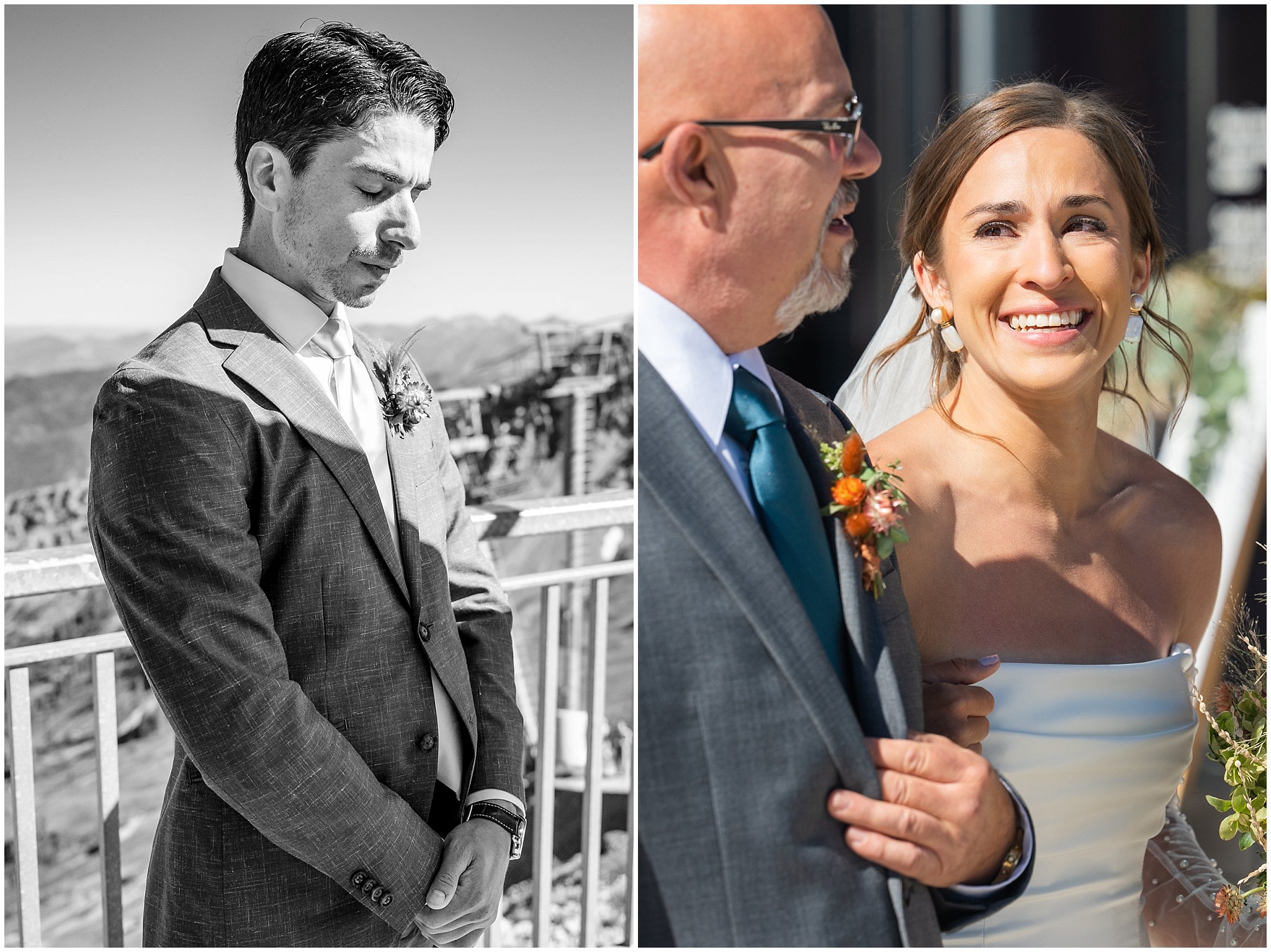 Bride and groom share emotional moments before walking down the aisle. Groom wearing a sage green suit and golden tie, bride in a strapless dress with gloves and veil | Snowbird Summit Summer Wedding | Jessie and Dallin Photography