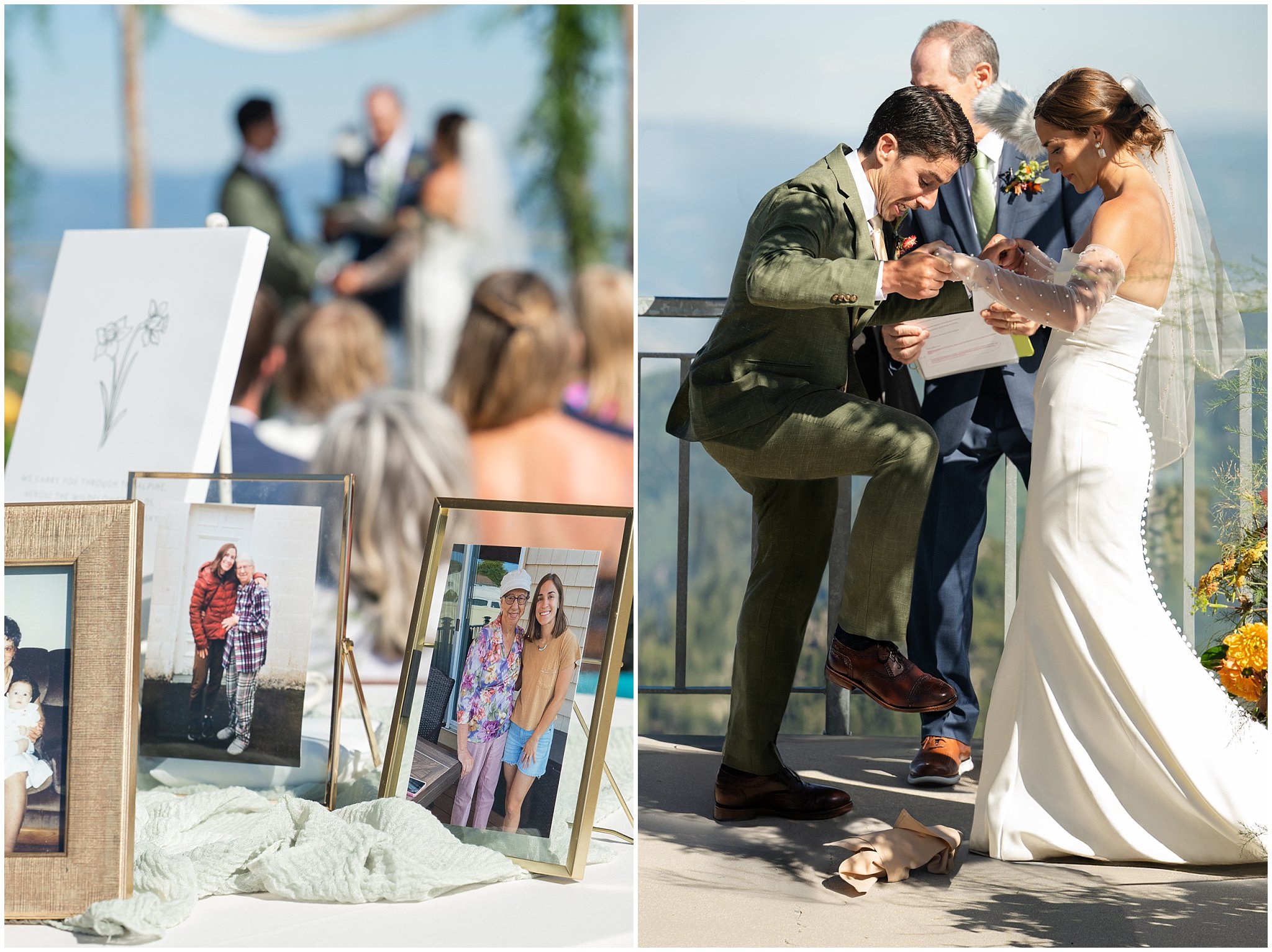 Groom stomps the glass and photo of bride and her grandma at the table as a centerpiece. Groom wearing a sage green suit and golden tie, bride in a strapless dress with gloves and veil | Snowbird Summit Summer Wedding | Jessie and Dallin Photography