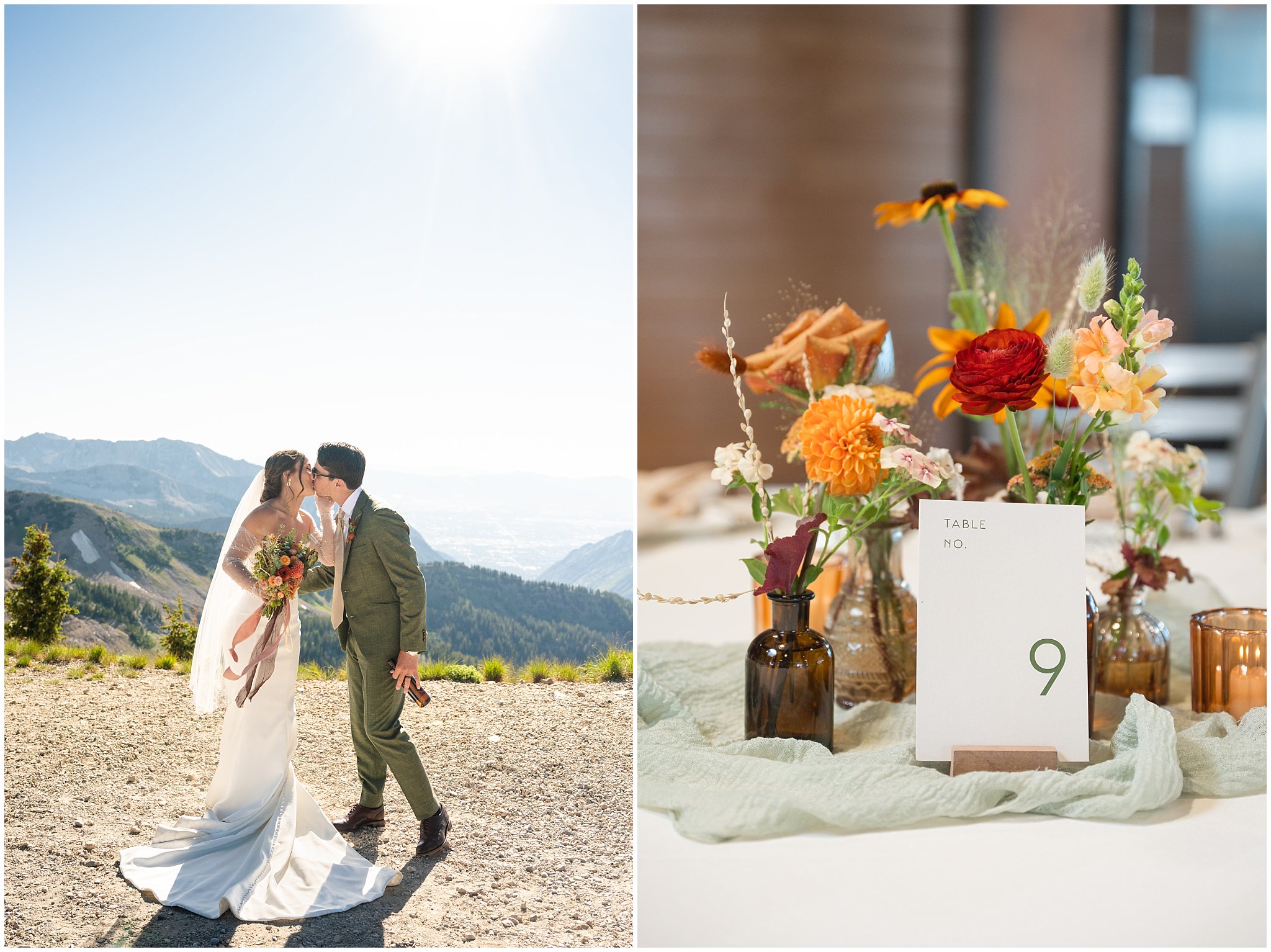 Bride and groom share a kiss with sun above them on top of the mountain and floral center piece for dinner. Groom wearing a sage green suit and golden tie, bride in a strapless dress with gloves and veil | Snowbird Summit Summer Wedding | Jessie and Dallin Photography