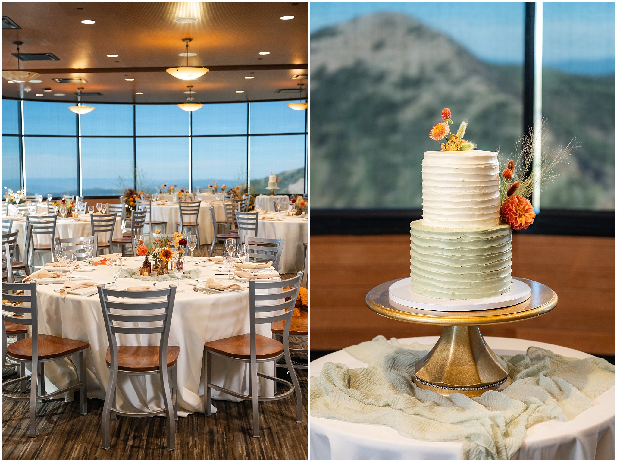 Floral centerpieces for dinner tables and sage green, white, and gold colored flower cake | Snowbird Summit Summer Wedding | Jessie and Dallin Photography