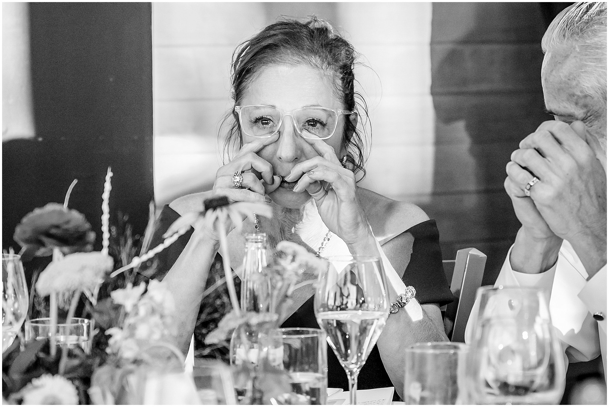 Mother of the bride cries during toasts at dinner. | Snowbird Summit Summer Wedding | Jessie and Dallin Photography