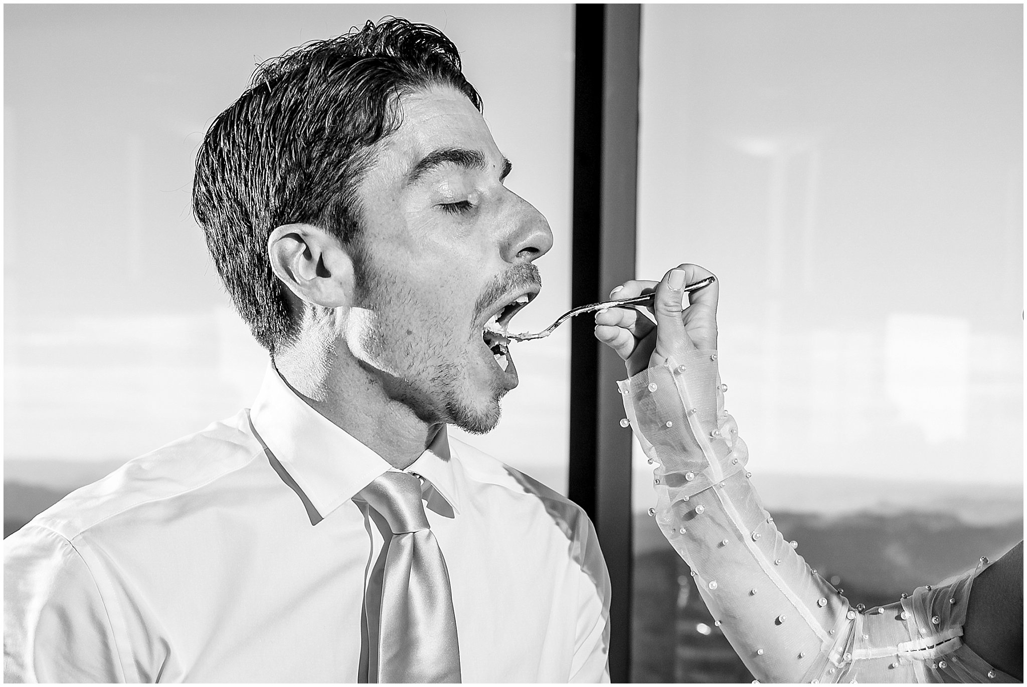 Bride feeds cake to groom in funny way | Snowbird Summit Summer Wedding | Jessie and Dallin Photography