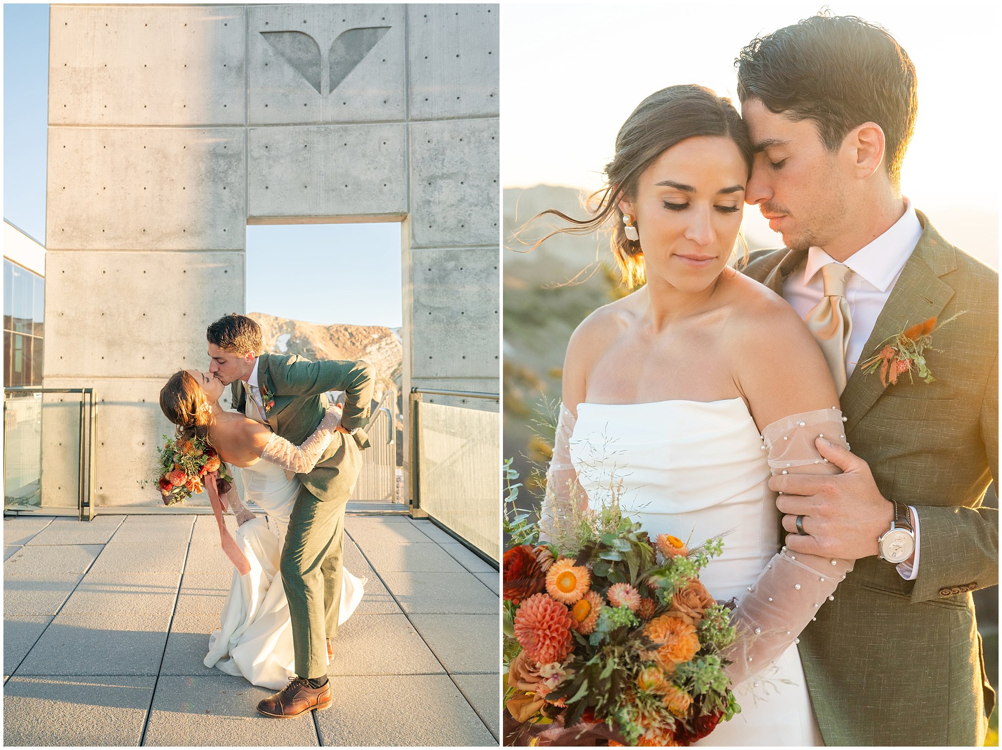 The bride and groom share moments together surrounded by the mountain peaks. Groom wearing a sage green suit and golden tie, bride in a strapless dress with gloves and veil | Snowbird Summit Summer Wedding | Jessie and Dallin Photography