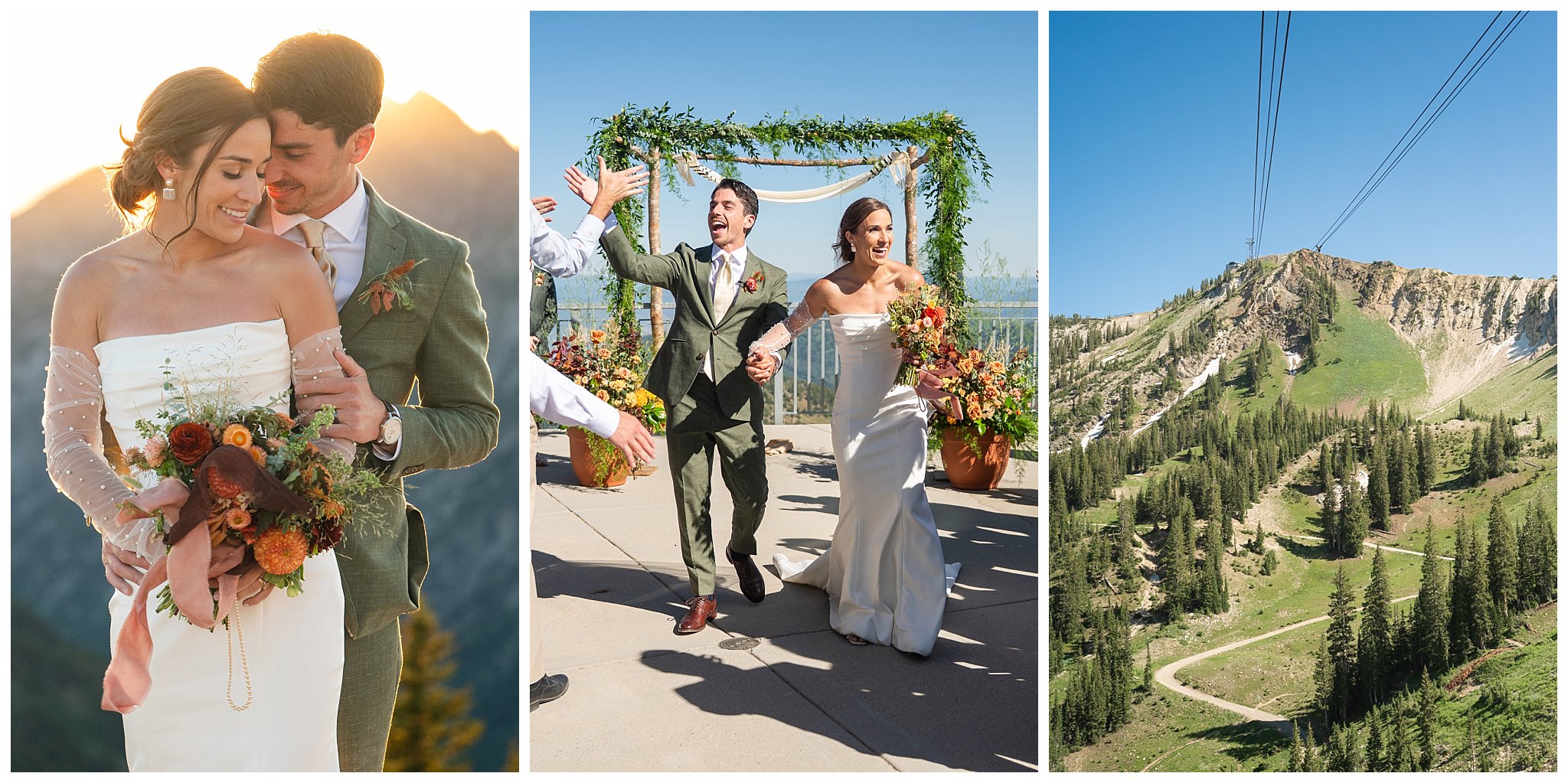 The bride and groom share moments together surrounded by the mountain peaks. Groom wearing a sage green suit and golden tie, bride in a strapless dress with gloves and veil | Snowbird Summit Summer Wedding | Jessie and Dallin Photography
