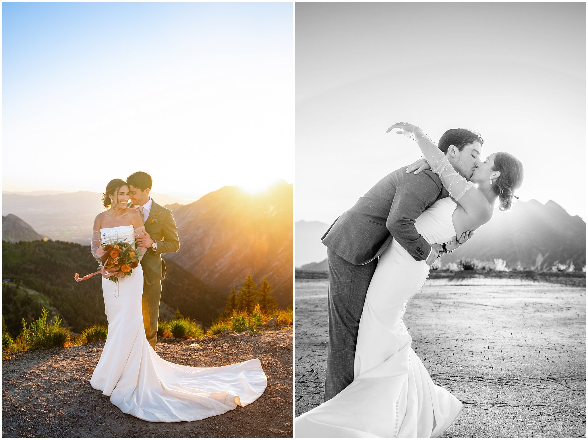 The bride and groom share moments together surrounded by the mountain peaks. Groom wearing a sage green suit and golden tie, bride in a strapless dress with gloves and veil | Snowbird Summit Summer Wedding | Jessie and Dallin Photography