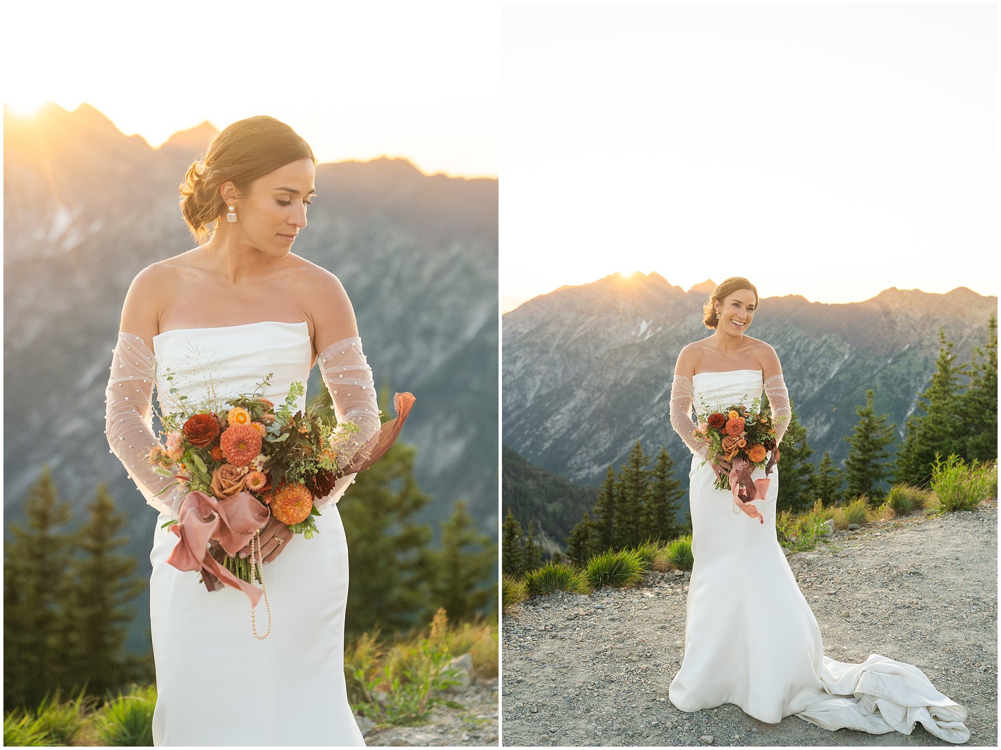 Bride next to mountain peak with orange and red floral bouquet. Bride in a strapless dress with gloves and veil | Snowbird Summit Summer Wedding | Jessie and Dallin Photography