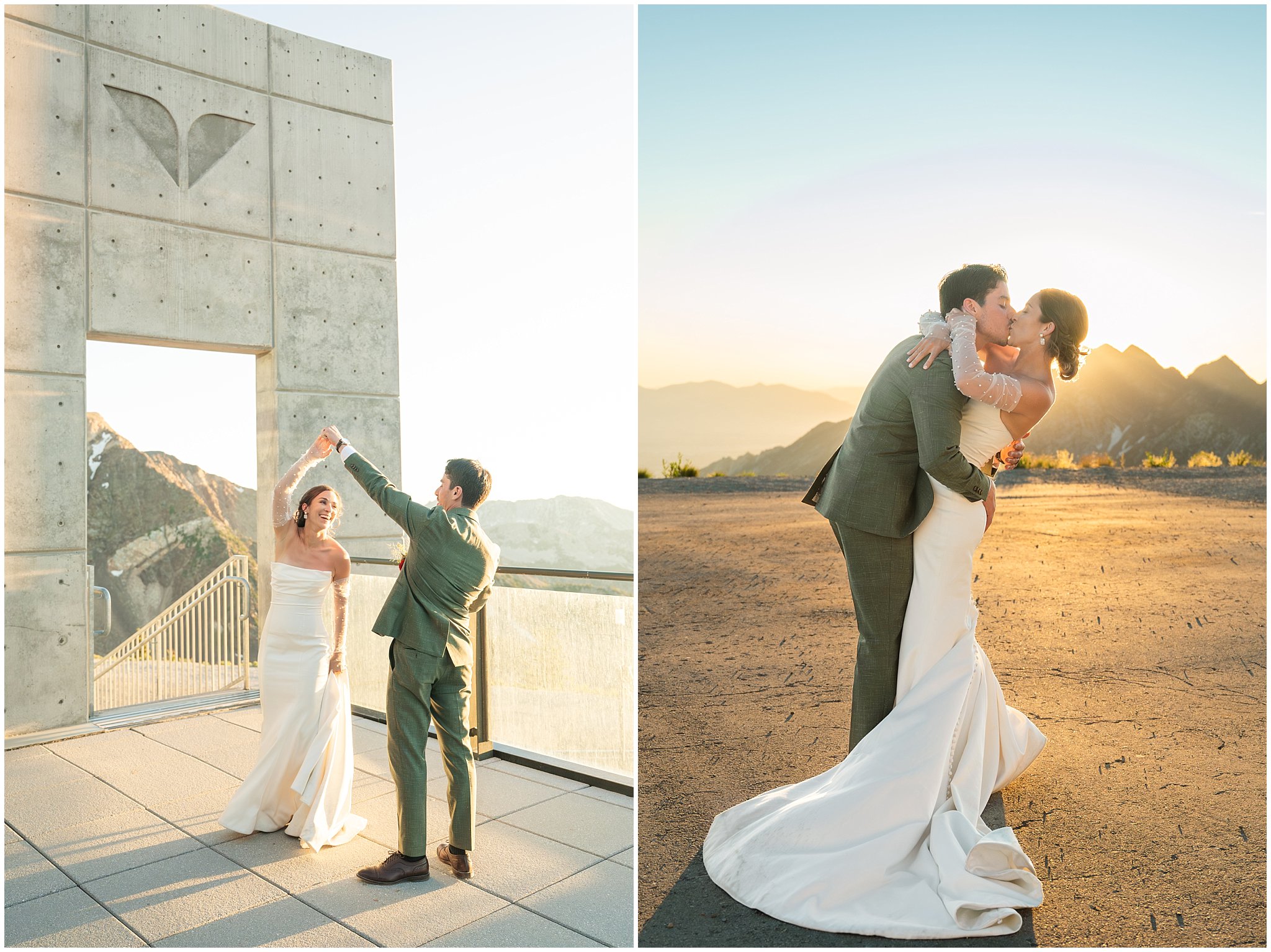 The bride and groom share moments together surrounded by the mountain peaks. Groom wearing a sage green suit and golden tie, bride in a strapless dress with gloves and veil | Snowbird Summit Summer Wedding | Jessie and Dallin Photography