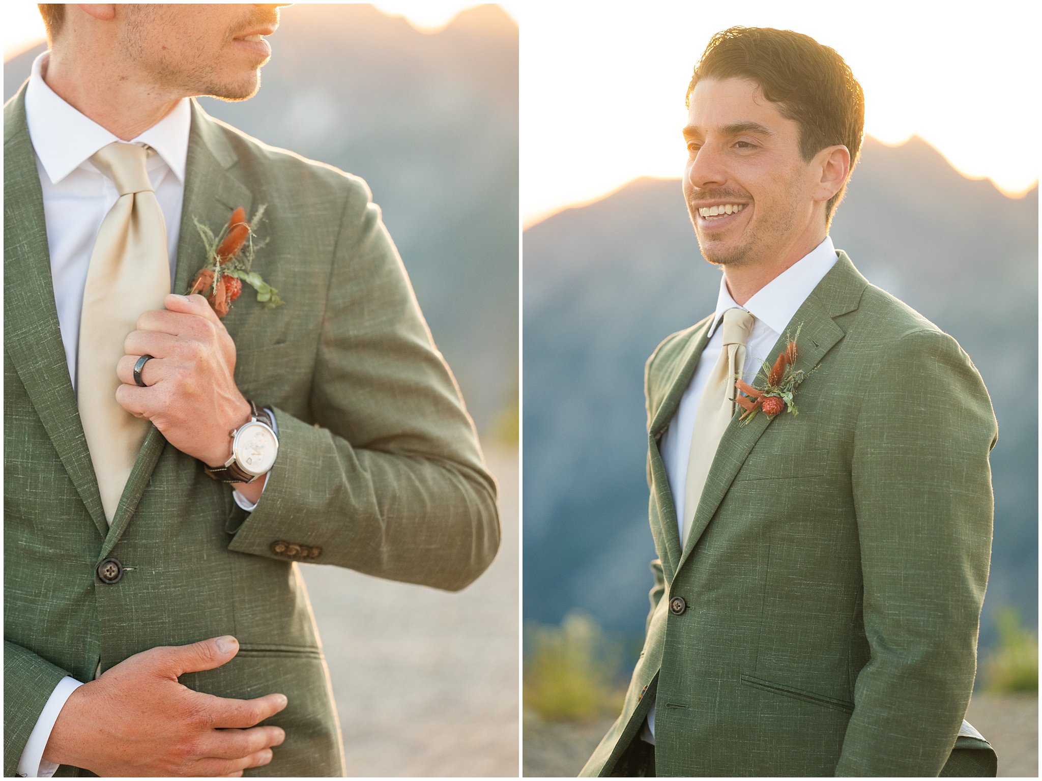 Groom wearing a sage green suit and golden tie with mountains behind him | Snowbird Summit Summer Wedding | Jessie and Dallin Photography
