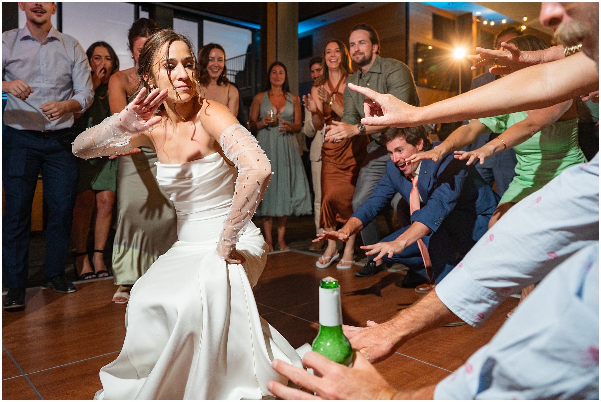 Fun lighting and reception party dancing inside the lodge | Snowbird Summit Summer Wedding | Jessie and Dallin Photography