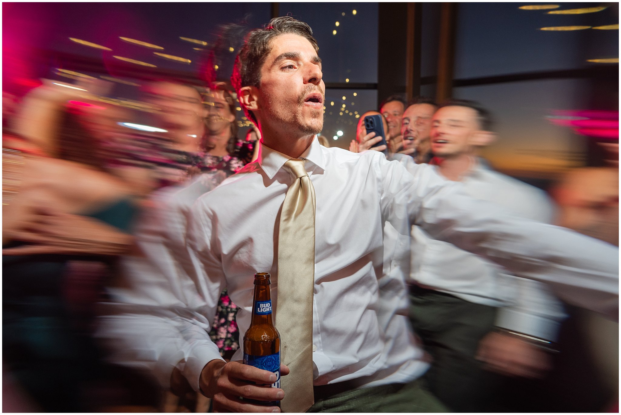 Fun lighting and reception party dancing inside the lodge | Snowbird Summit Summer Wedding | Jessie and Dallin Photography