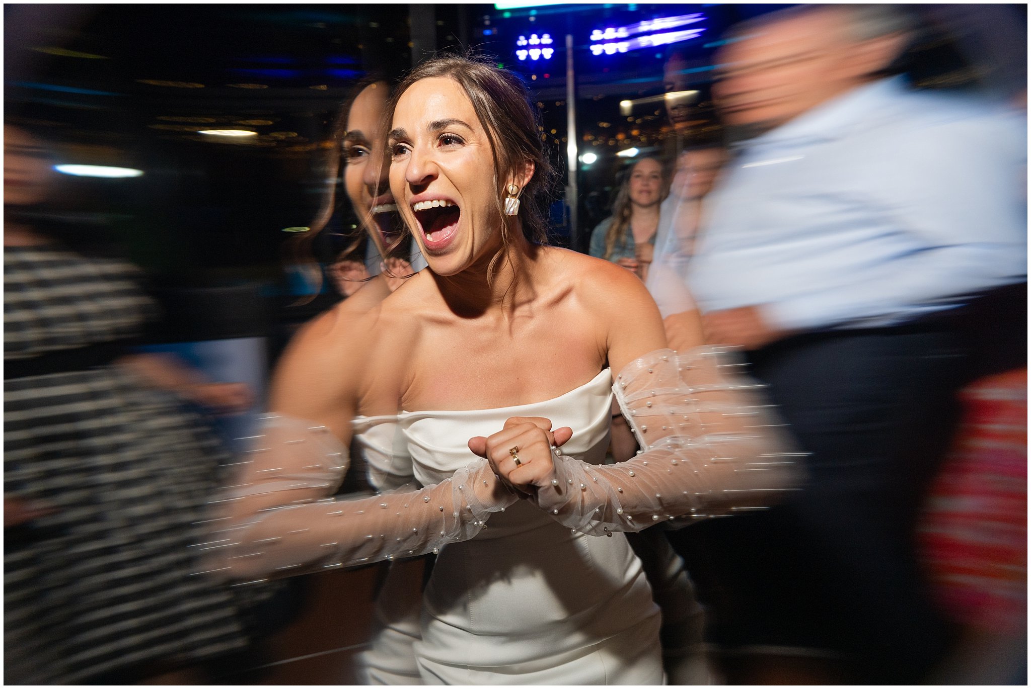 Fun lighting and reception party dancing inside the lodge | Snowbird Summit Summer Wedding | Jessie and Dallin Photography
